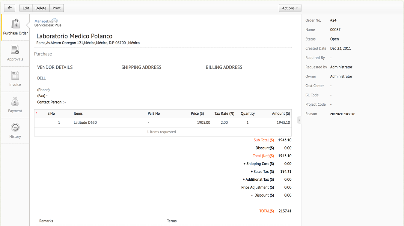 Purchase Order Tracking, IT Asset Management ManageEngine ServiceDesk